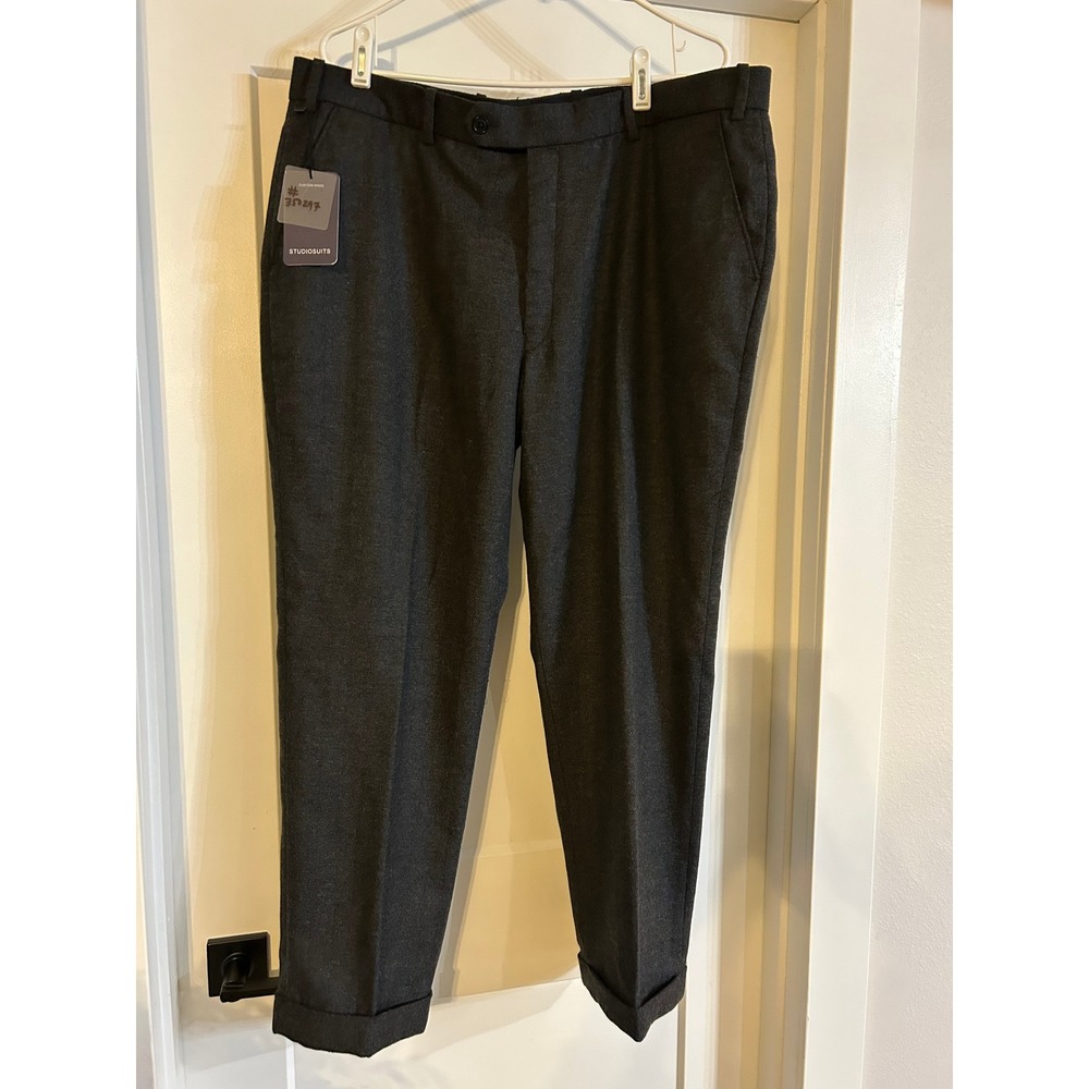 NEW Studio Suits Bespoke‎ Mens Charcoal Herringbone Wool Blend Dress Pants 39x27
